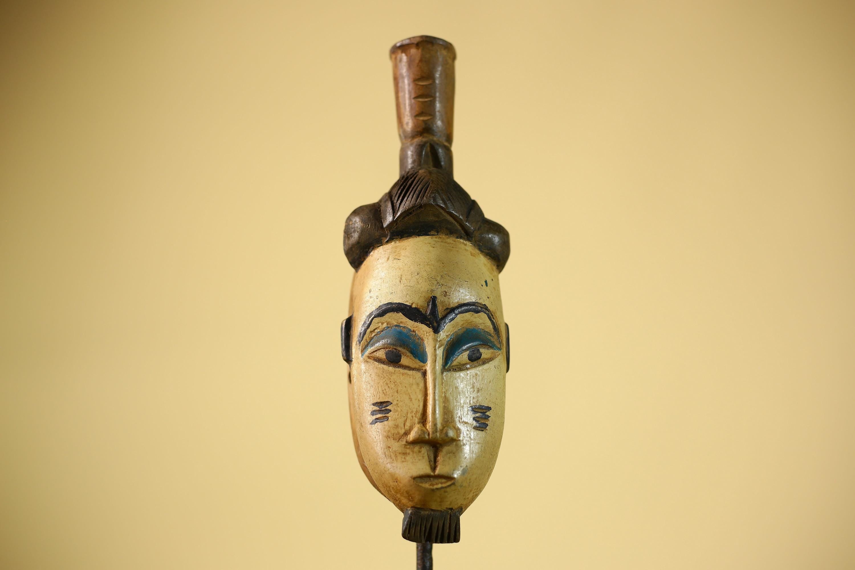 African Vintage Tribal Mask Hand-Carved Wood Painted Cream & Blue Wall Art-G6038
