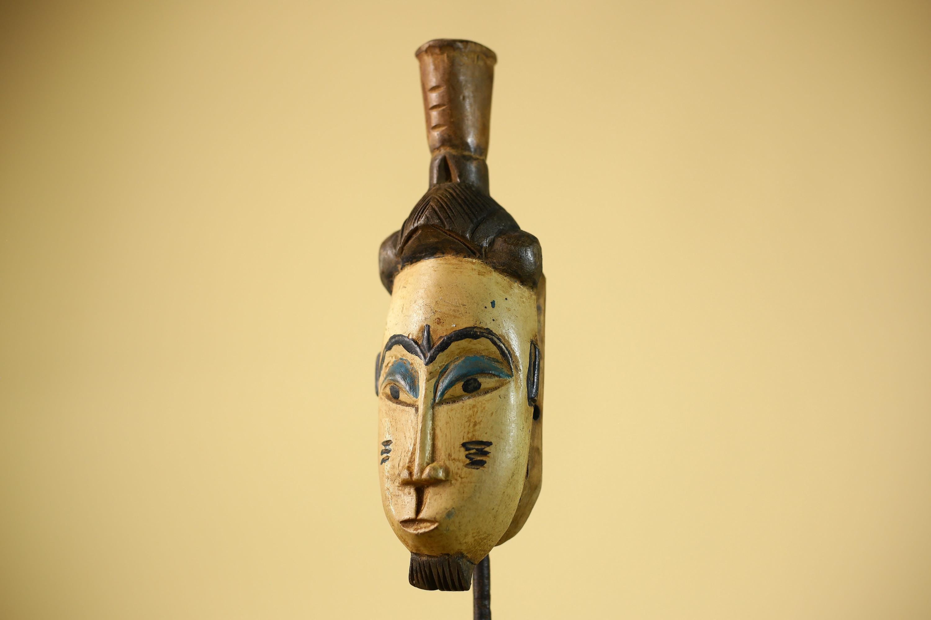 African Vintage Tribal Mask Hand-Carved Wood Painted Cream & Blue Wall Art-G6038