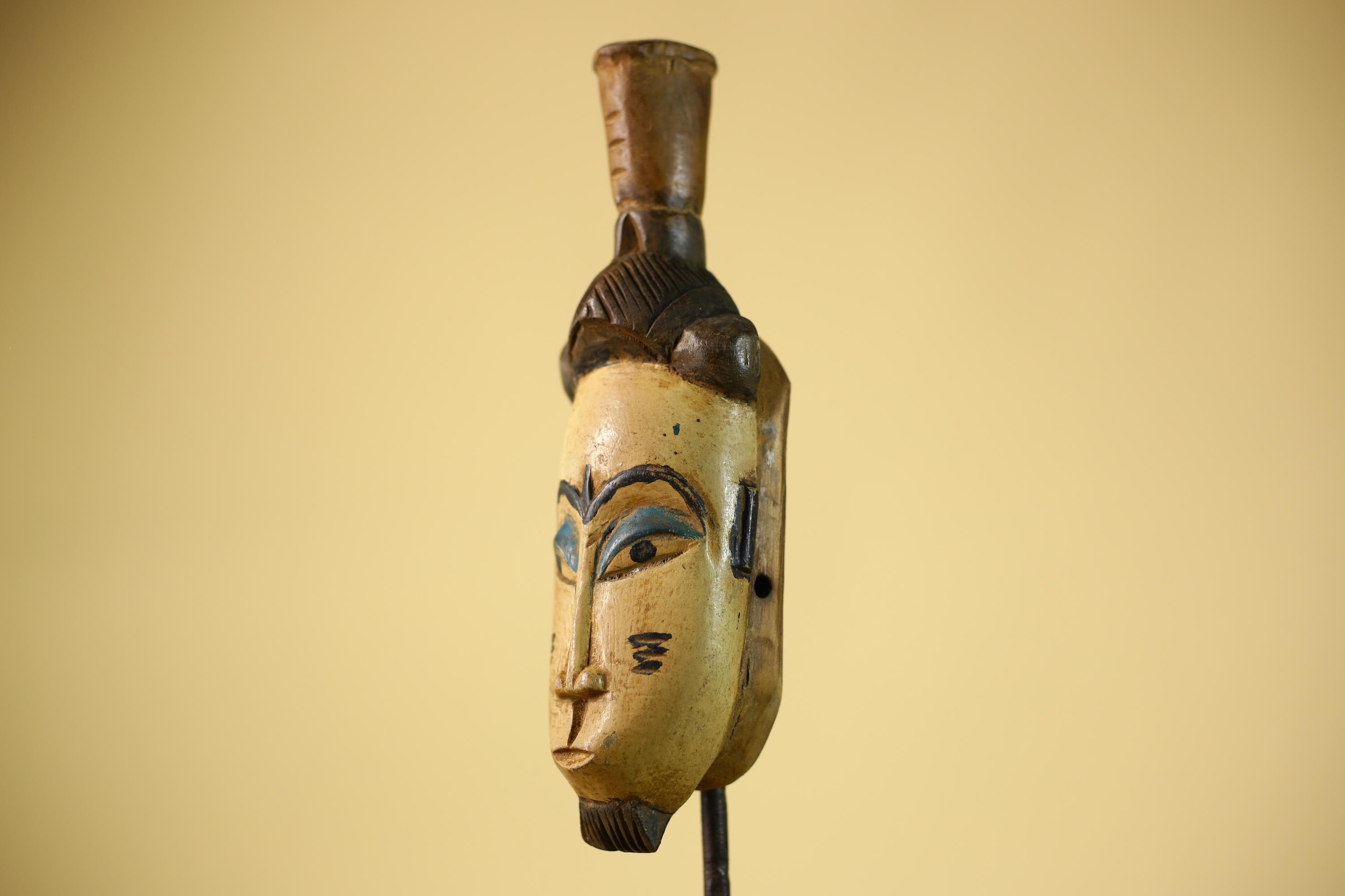 African Vintage Tribal Mask Hand-Carved Wood Painted Cream & Blue Wall Art-G6038