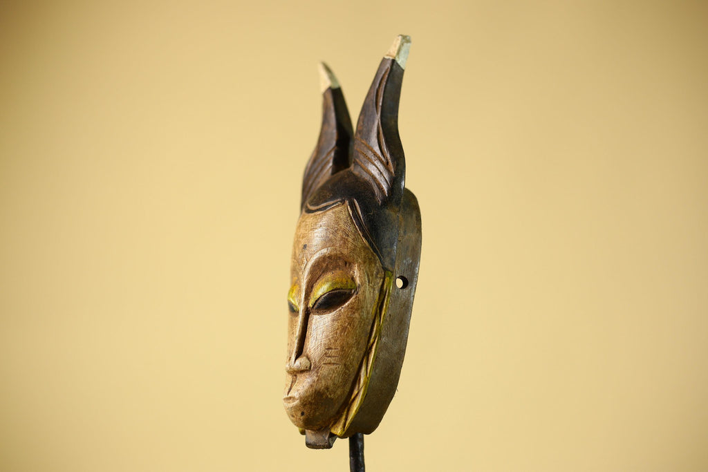 Vintage African Baule Mask with Tall Horned Crest Collectible Ethnic Wall-G6039