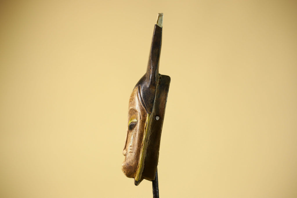 Vintage African Baule Mask with Tall Horned Crest Collectible Ethnic Wall-G6039