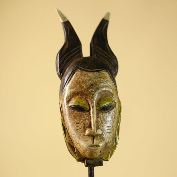 Vintage African Baule Mask with Tall Horned Crest Collectible Ethnic Wall-G6039