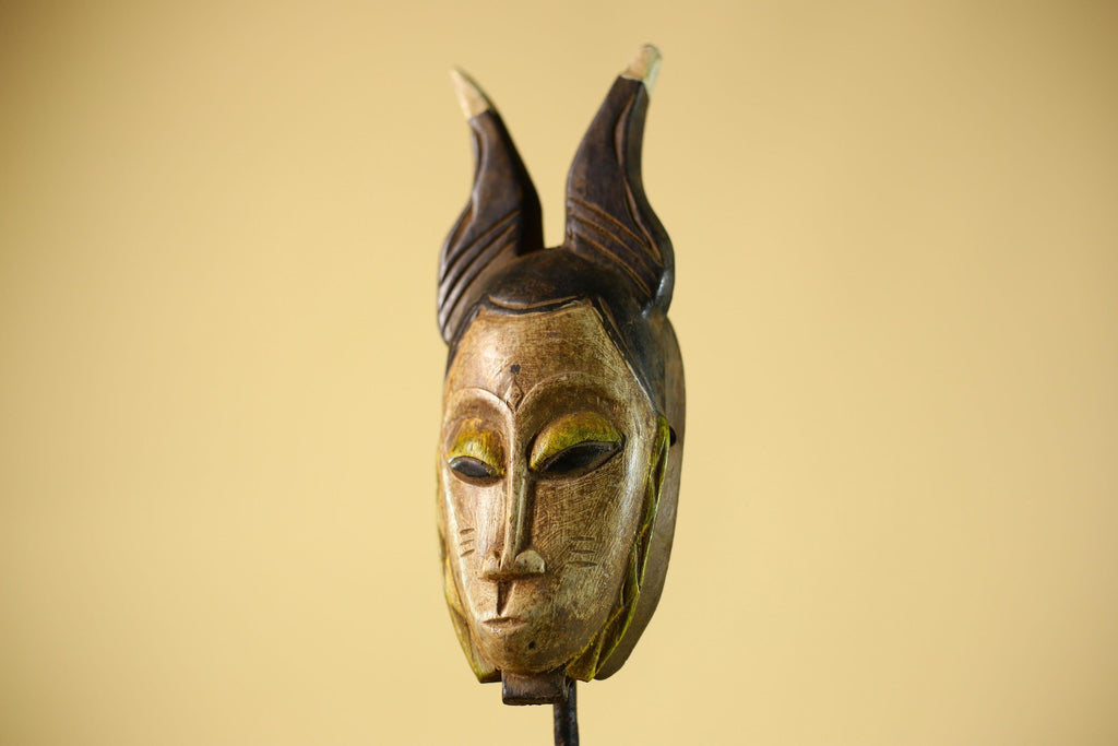 Vintage African Baule Mask with Tall Horned Crest Collectible Ethnic Wall-G6039