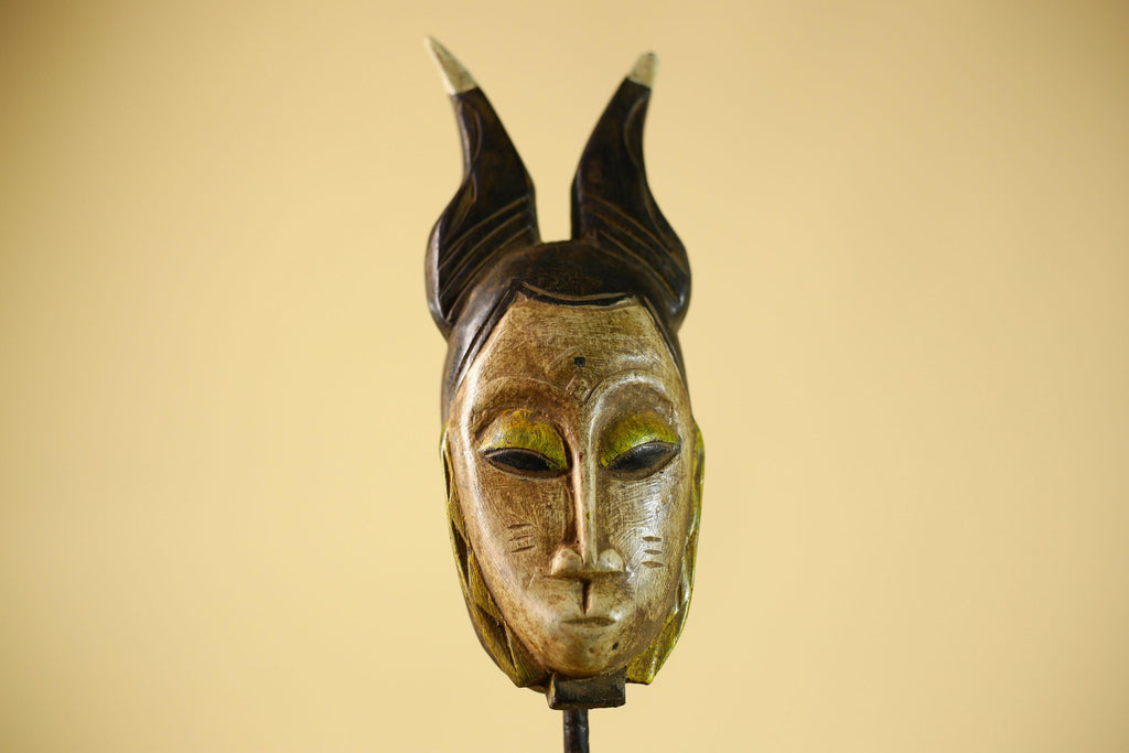 Vintage African Baule Mask with Tall Horned Crest Collectible Ethnic Wall-G6039