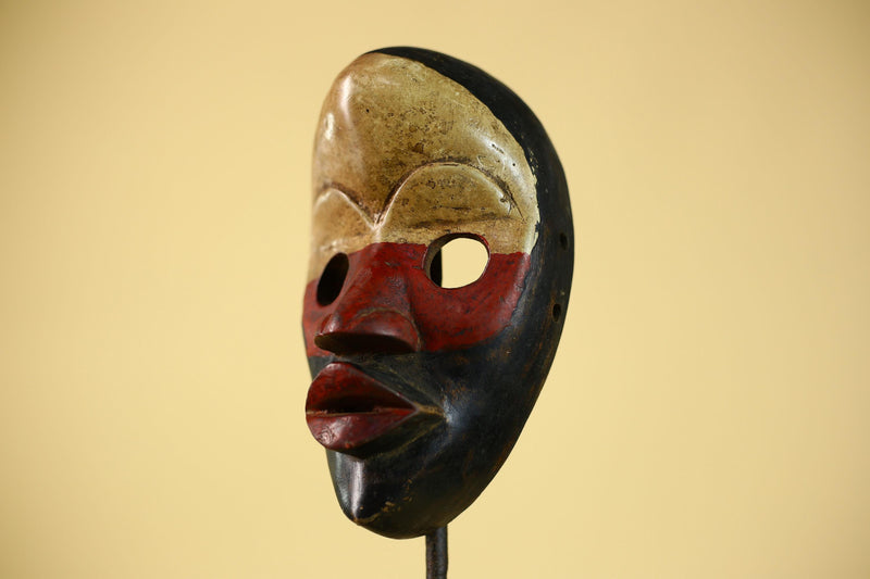 Vintage African Dan Mask Red Black Carved Wood Mask with Bold Lip Wall Art-G6040