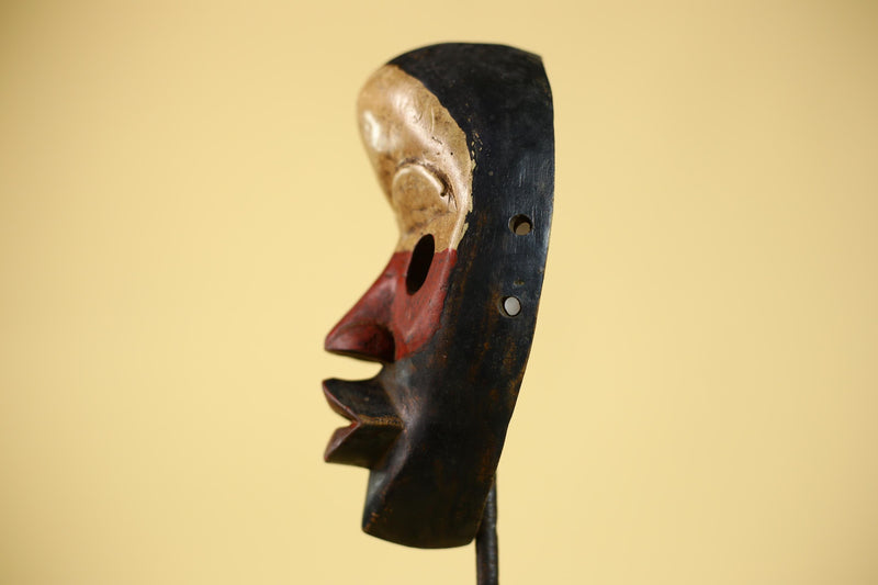 Vintage African Dan Mask Red Black Carved Wood Mask with Bold Lip Wall Art-G6040