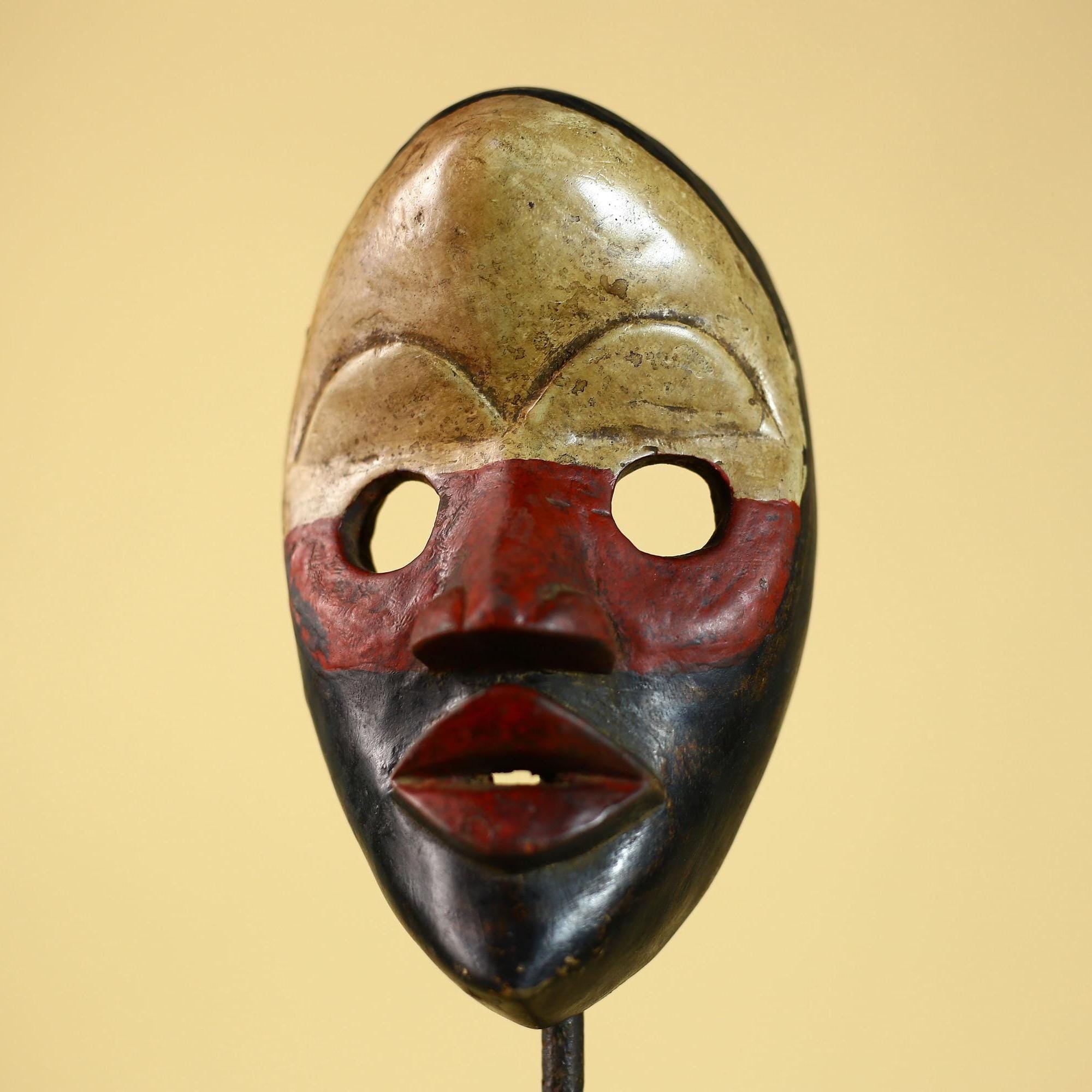 Vintage African Dan Mask Red Black Carved Wood Mask with Bold Lip Wall Art-G6040
