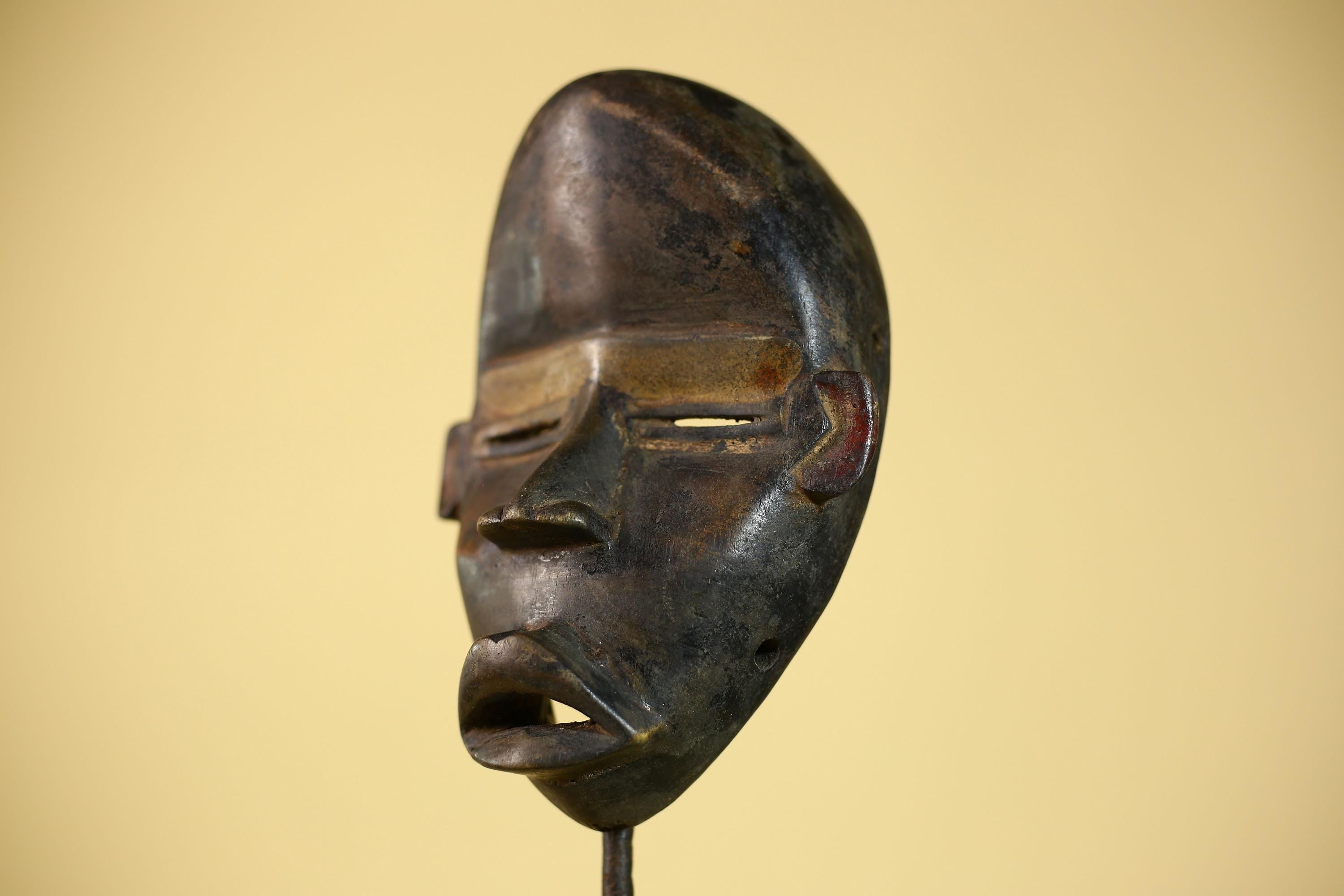 African Vintage Dan Tribal Black Patina Carved Wood Mask with Narrow Eyes-G6041