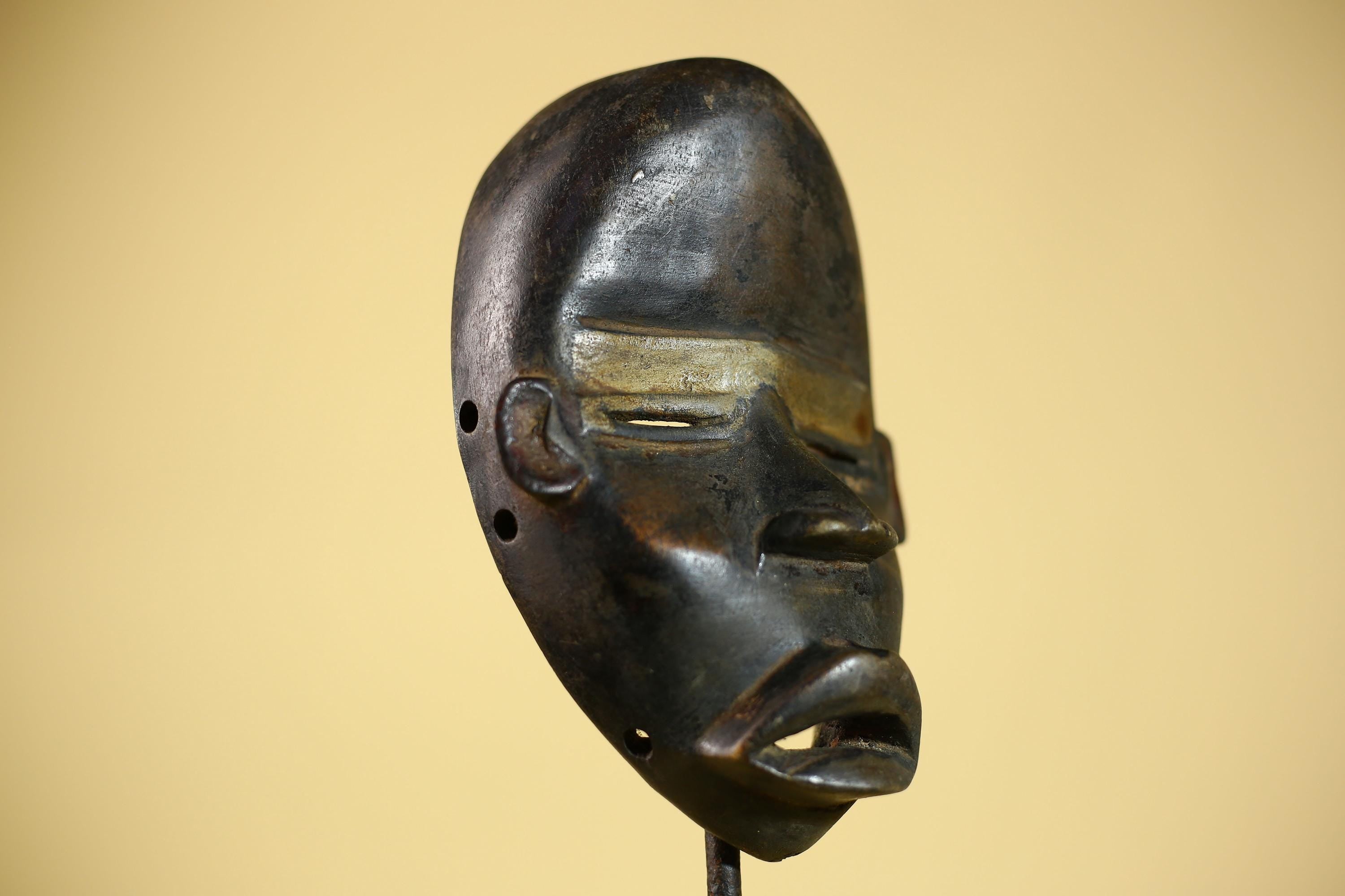 African Vintage Dan Tribal Black Patina Carved Wood Mask with Narrow Eyes-G6041