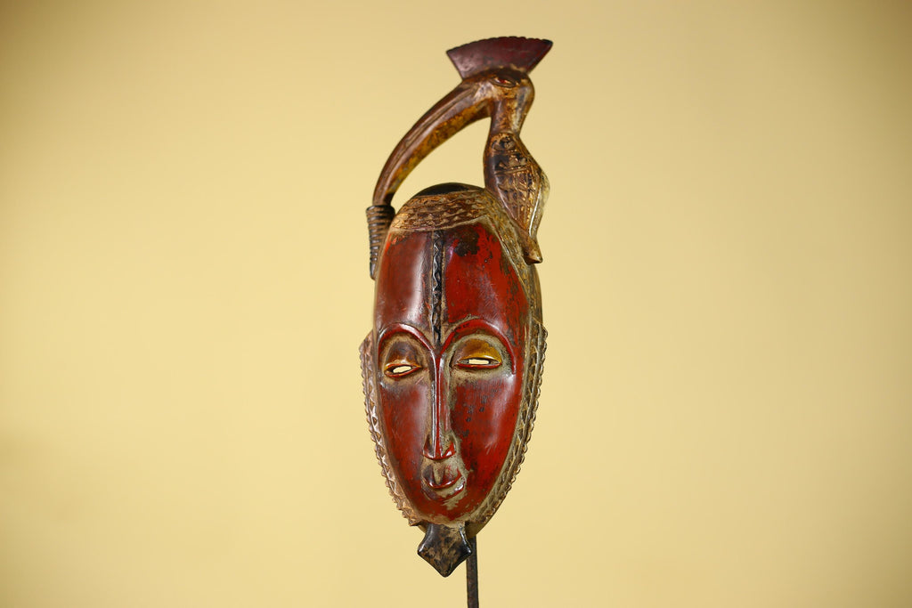 African Mask with Bird Crest, Hand Carved Wooden Tribal Wall Art-G6146