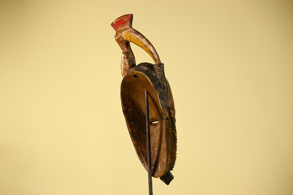 African Mask with Bird Crest, Hand Carved Wooden Tribal Wall Art-G6146