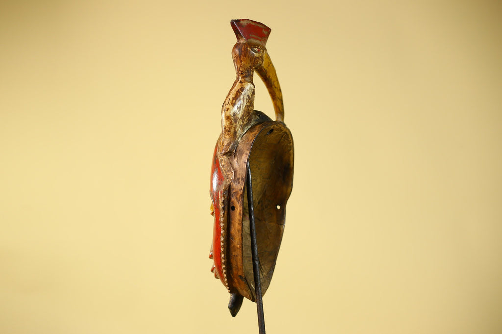African Mask with Bird Crest, Hand Carved Wooden Tribal Wall Art-G6146