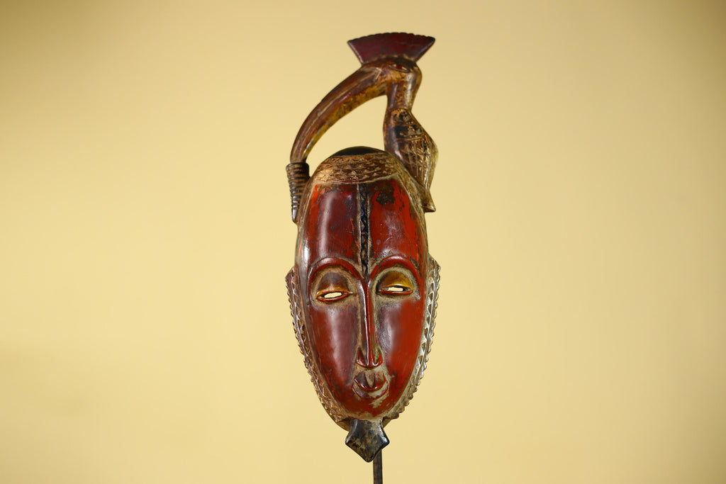 African Mask with Bird Crest, Hand Carved Wooden Tribal Wall Art-G6146