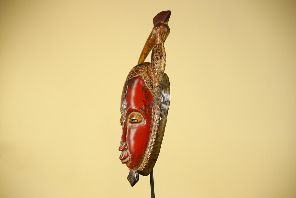 African Mask with Bird Crest, Hand Carved Wooden Tribal Wall Art-G6146