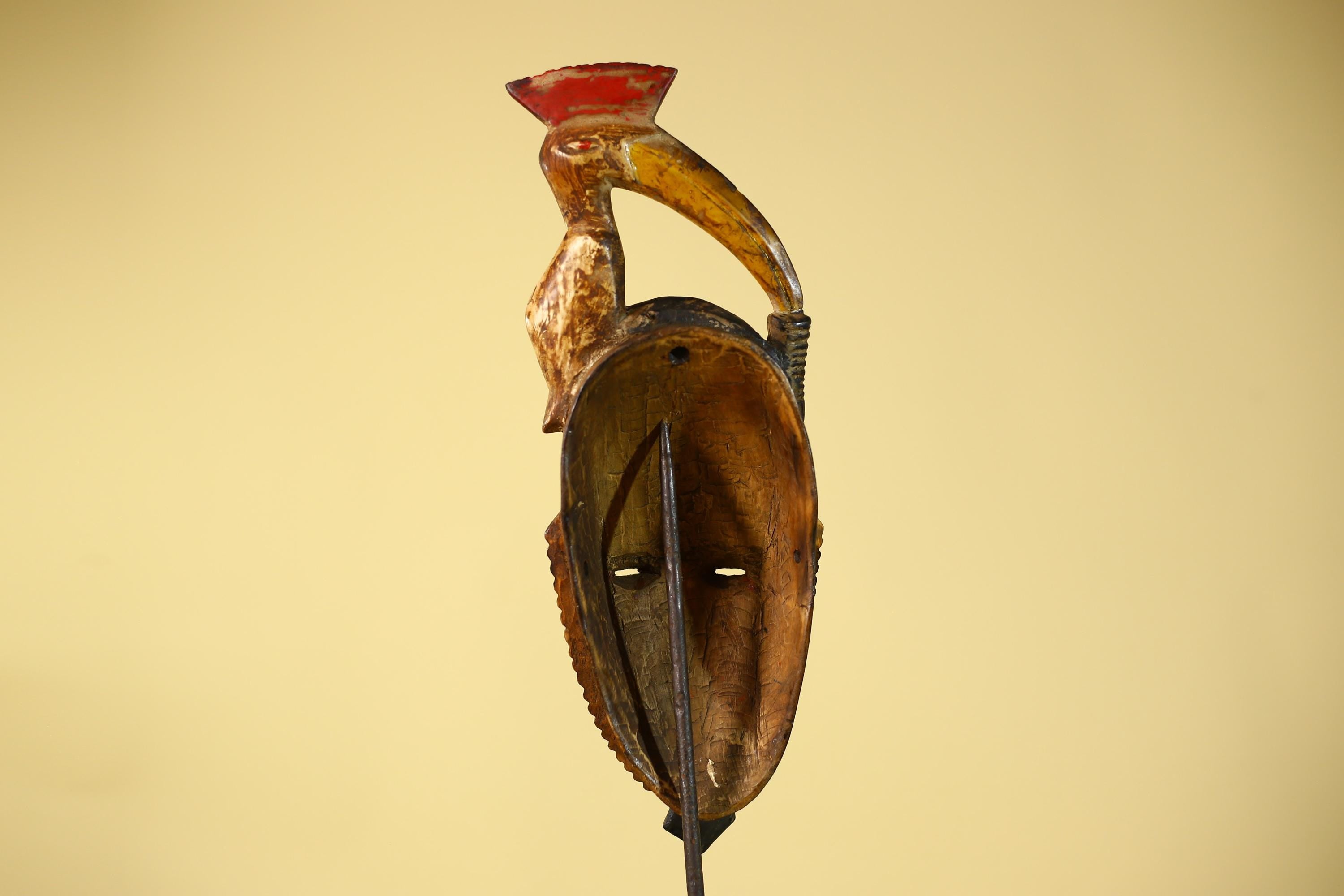 African Mask with Bird Crest, Hand Carved Wooden Tribal Wall Art-G6146