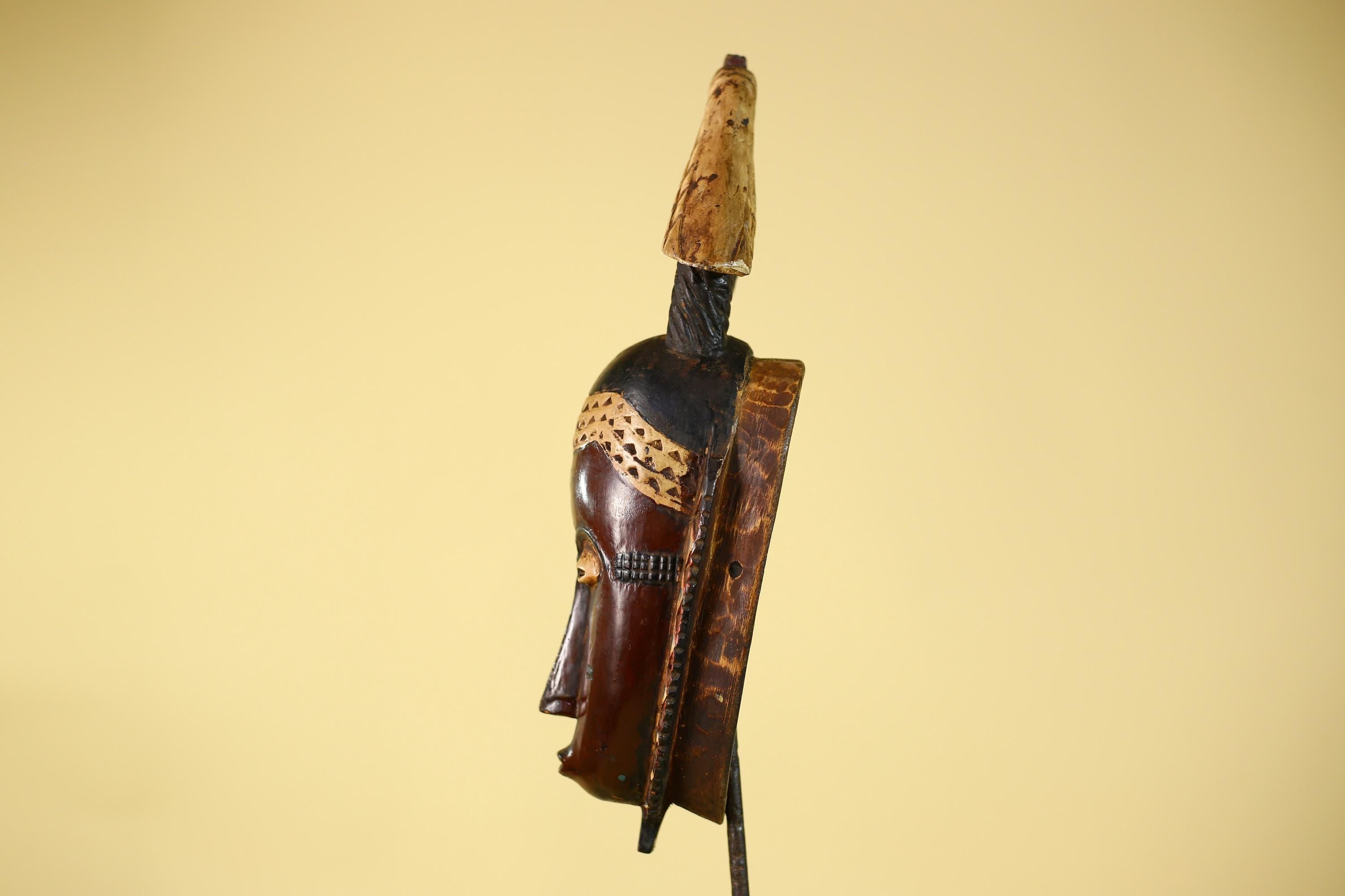 African Mask Baule Wood with Bird Crest Tribal Wall Art -Handmade Vintage Decor-G6147