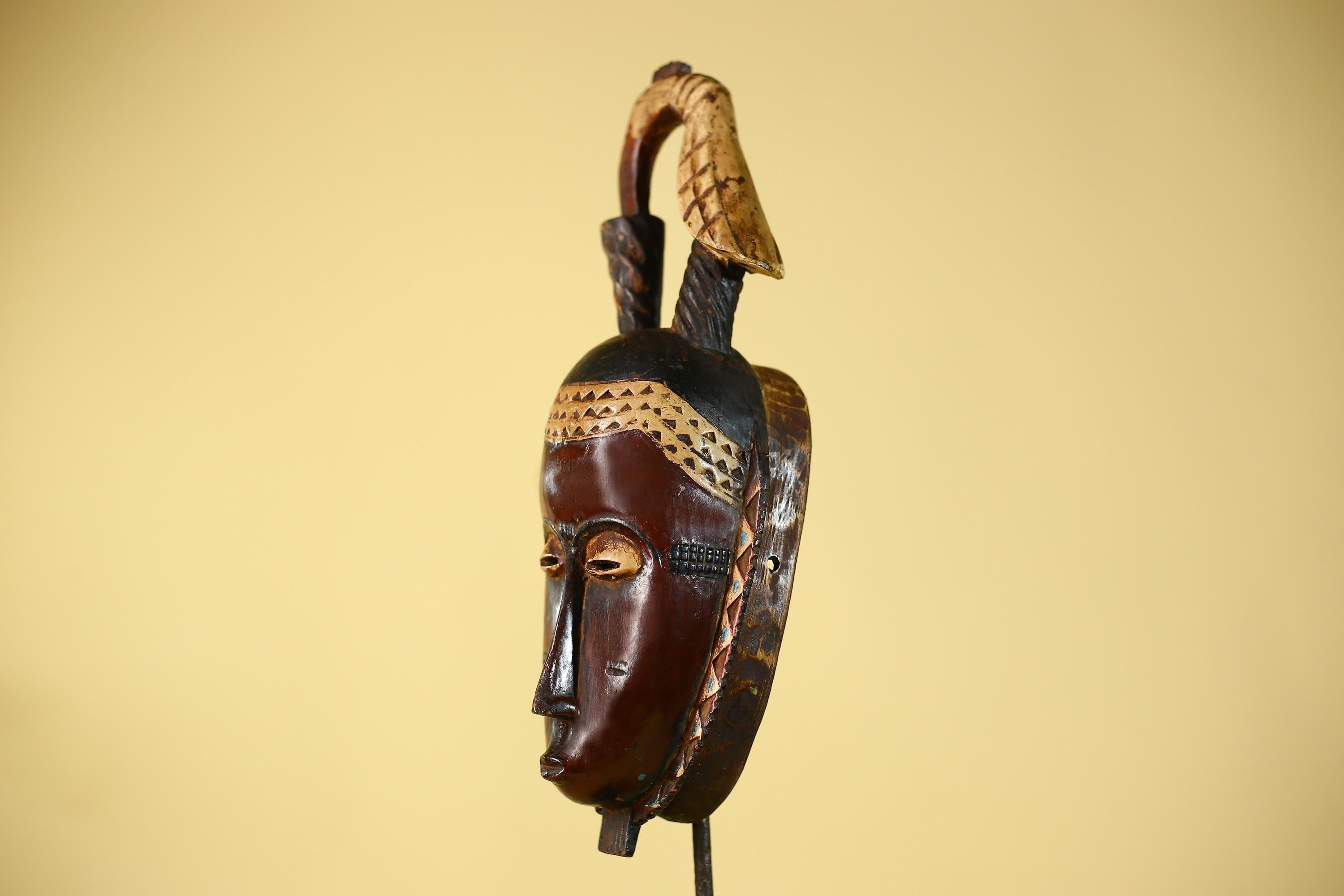 African Mask Baule Wood with Bird Crest Tribal Wall Art -Handmade Vintage Decor-G6147