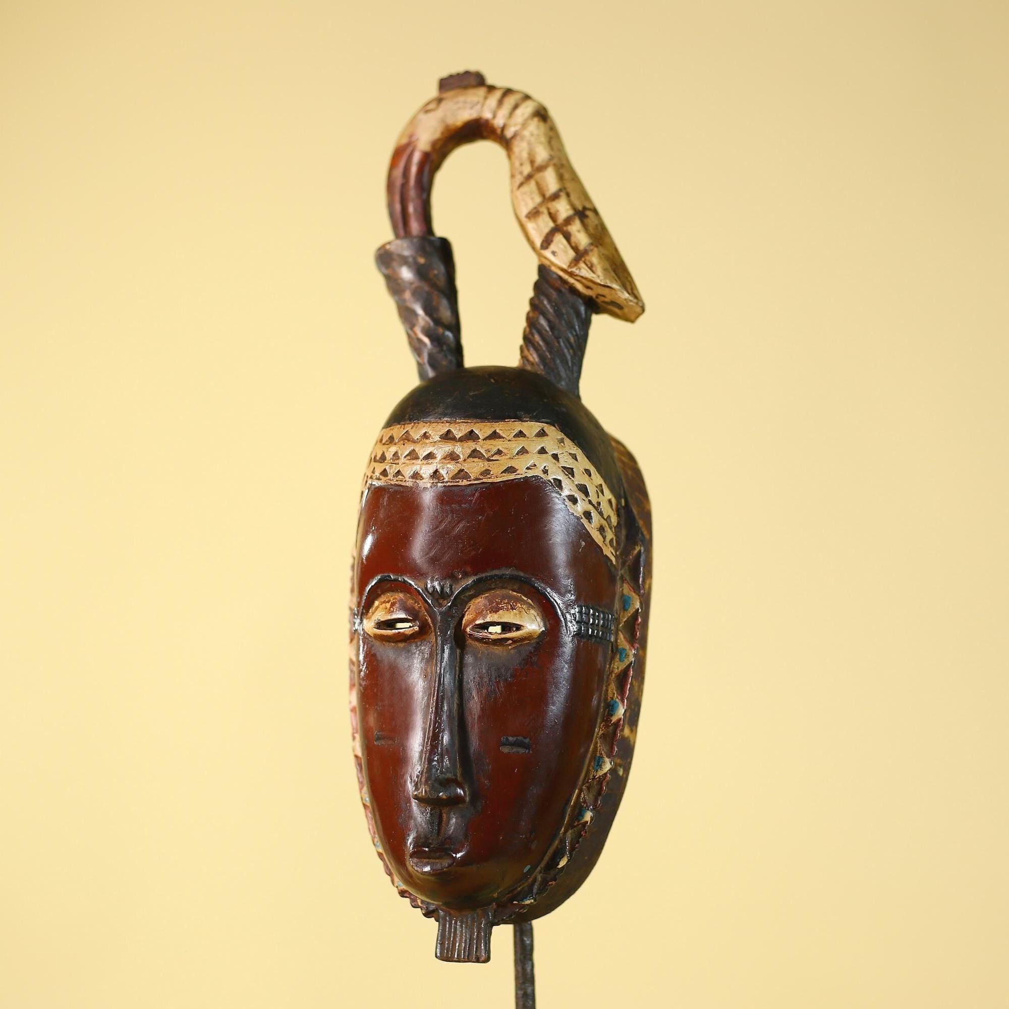 African Mask Baule Wood with Bird Crest Tribal Wall Art -Handmade Vintage Decor-G6147