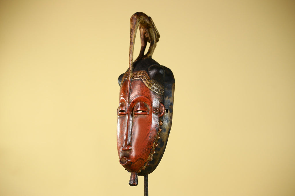 Vintage African Baule Mask With Bird Crest-Hand Carved Wooden Tribal Art-G6148