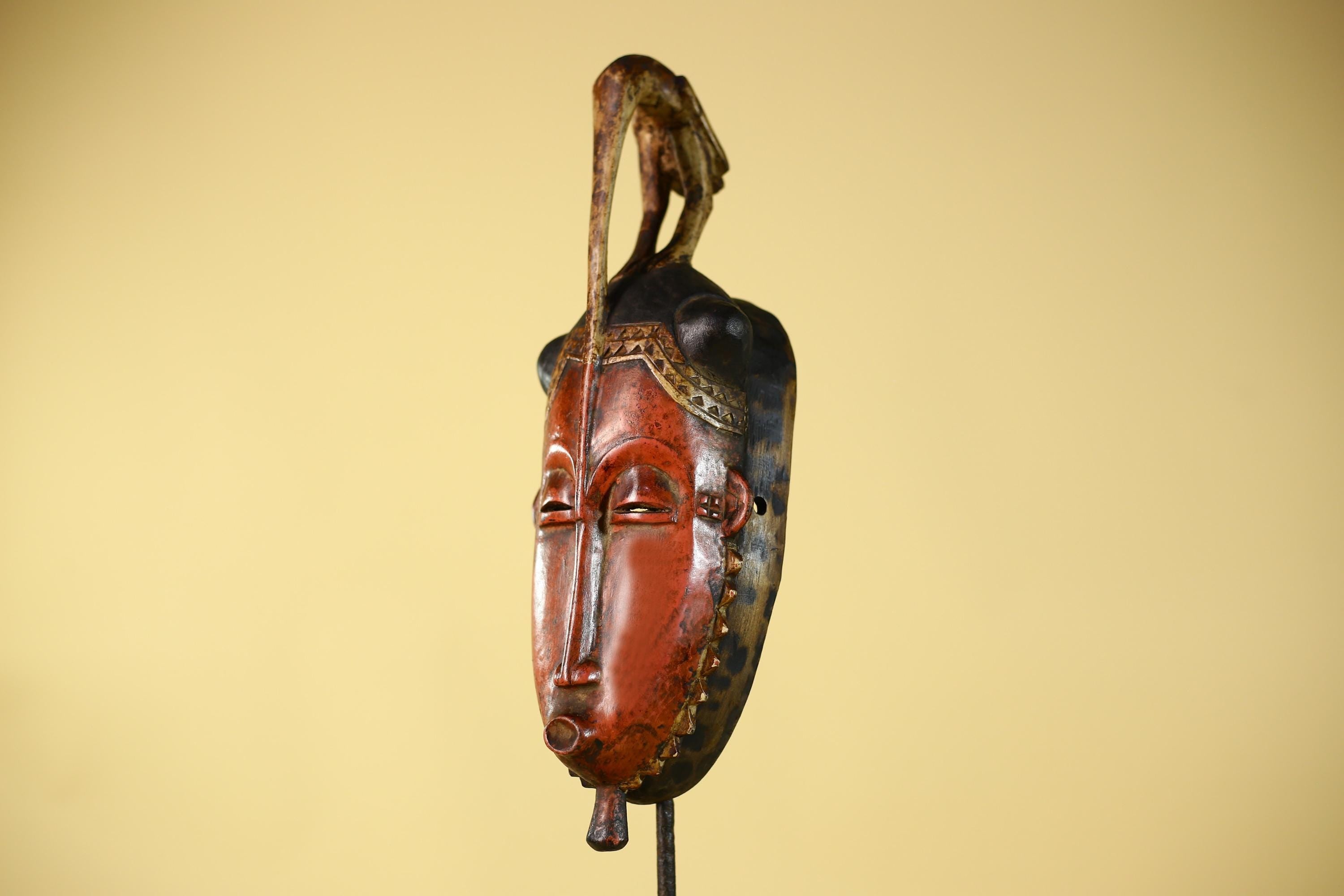 Vintage African Baule Mask With Bird Crest-Hand Carved Wooden Tribal Art-G6148