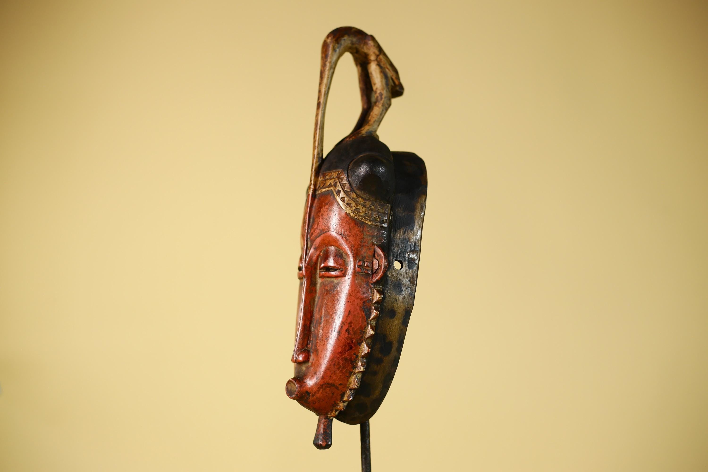 Vintage African Baule Mask With Bird Crest-Hand Carved Wooden Tribal Art-G6148