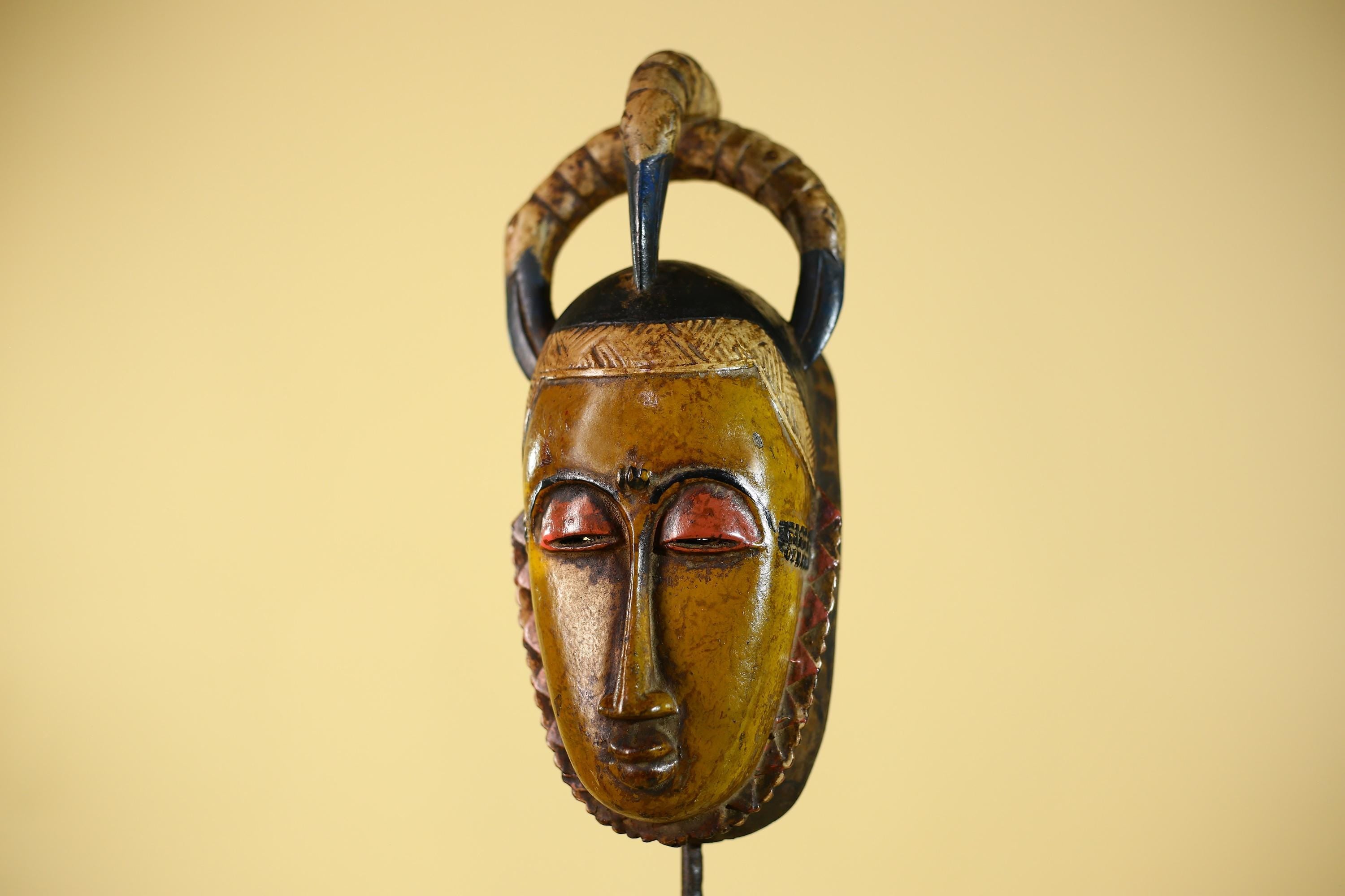 African Mask with Bird Crest - Hand Carved Wooden Tribal Wall Art-G6149