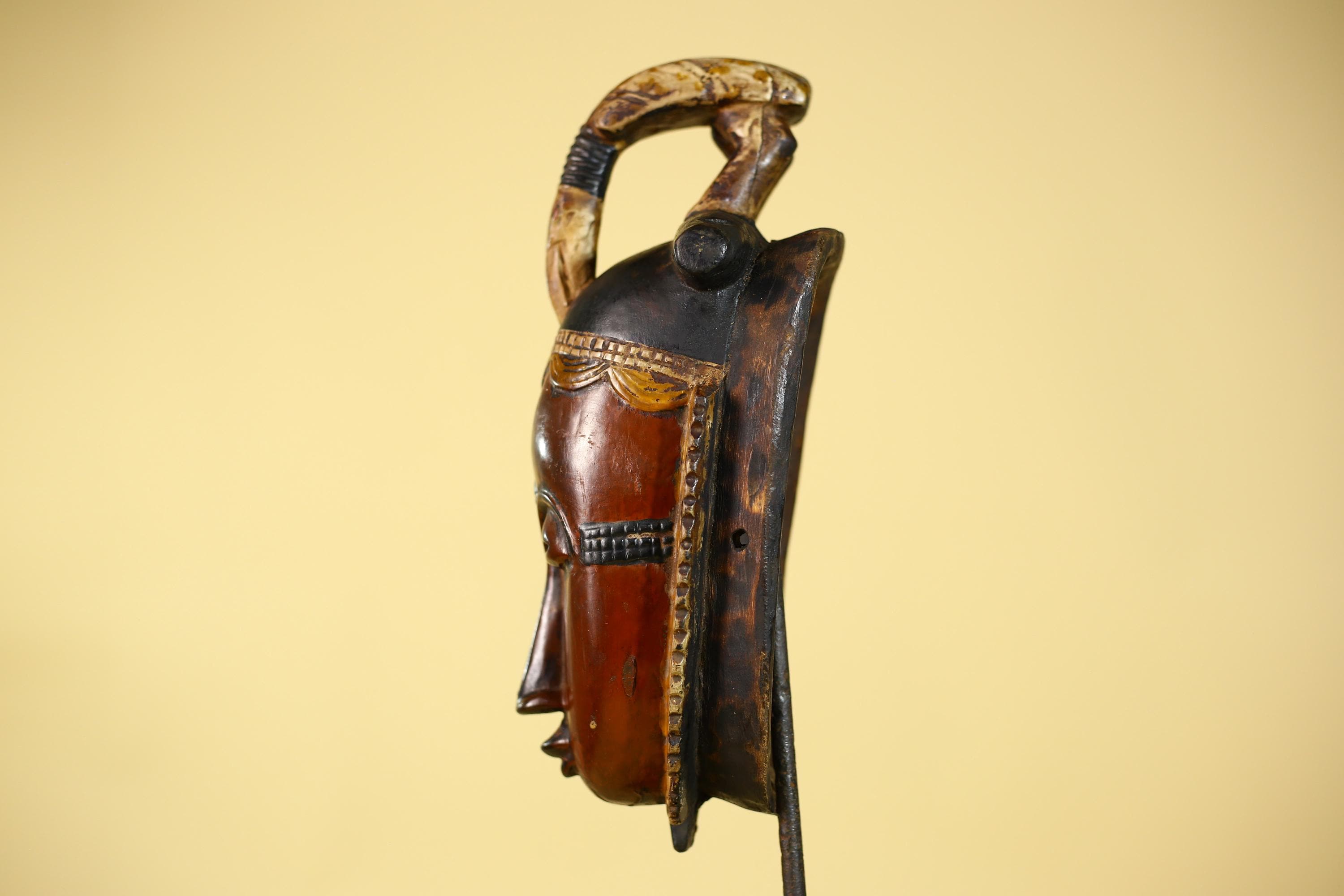 African Wooden Baule Mask with Horned Headdress – Hand Carved Tribal Art-G6150