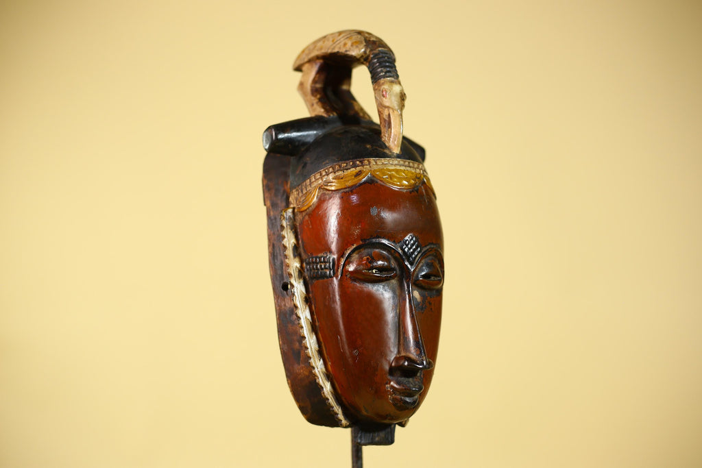 African Wooden Baule Mask with Horned Headdress – Hand Carved Tribal Art-G6150
