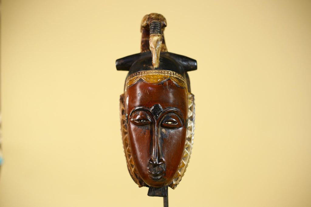 African Wooden Baule Mask with Horned Headdress – Hand Carved Tribal Art-G6150