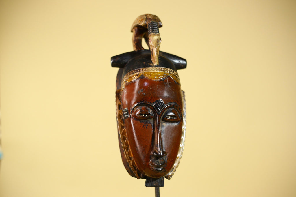 African Wooden Baule Mask with Horned Headdress – Hand Carved Tribal Art-G6150