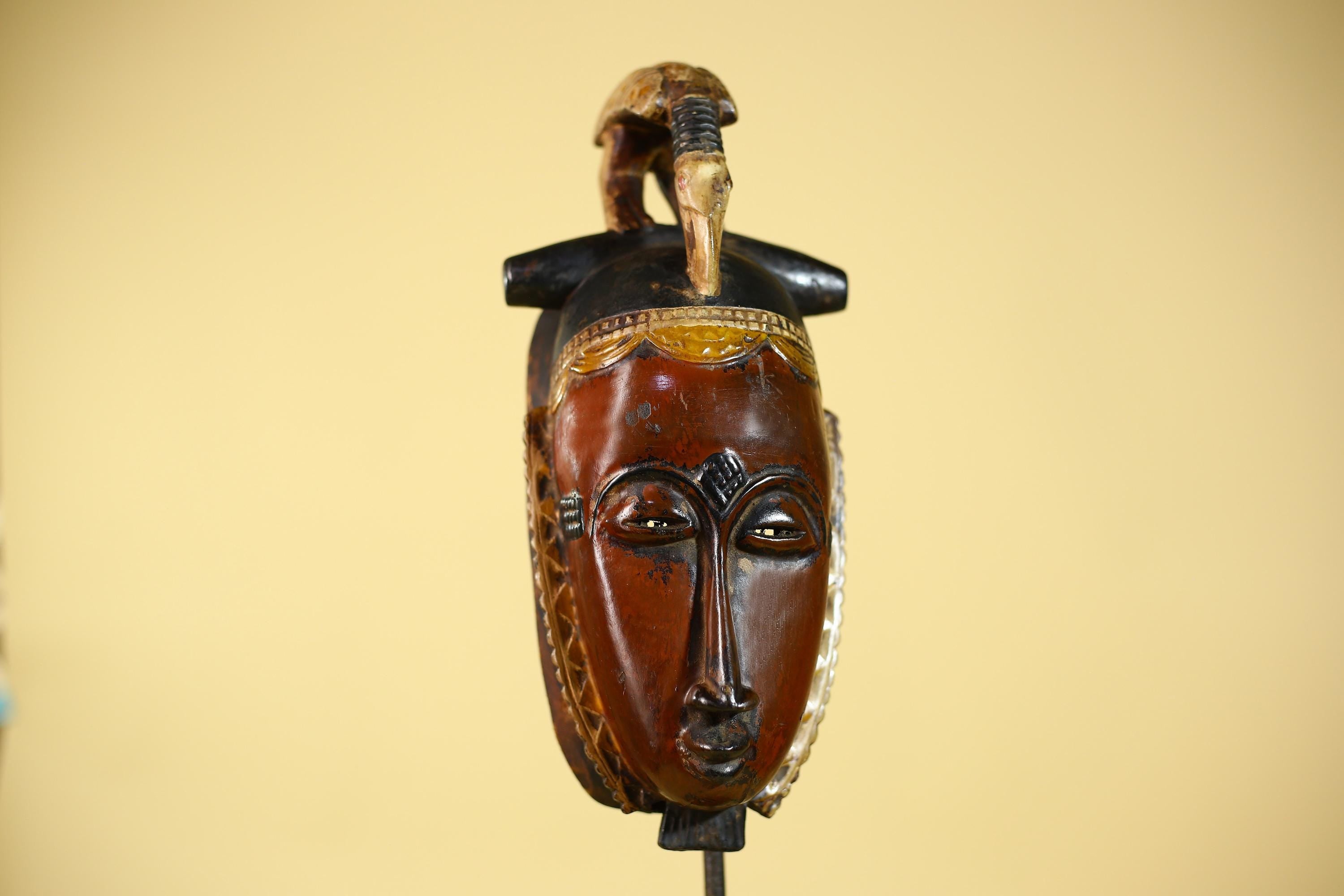 African Wooden Baule Mask with Horned Headdress – Hand Carved Tribal Art-G6150