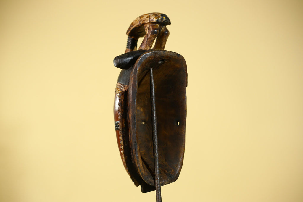 African Wooden Baule Mask with Horned Headdress – Hand Carved Tribal Art-G6150