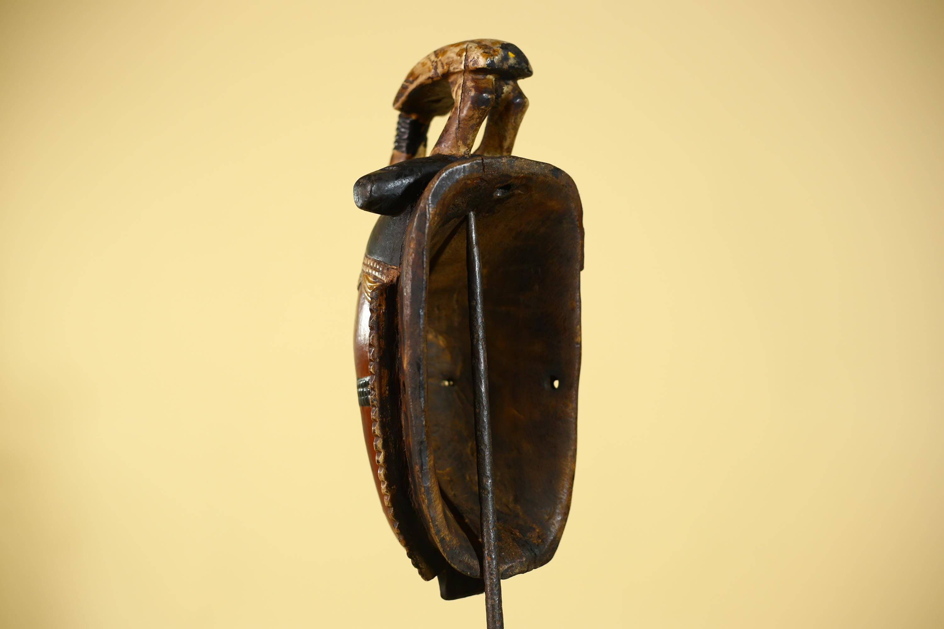 African Wooden Baule Mask with Horned Headdress – Hand Carved Tribal Art-G6150