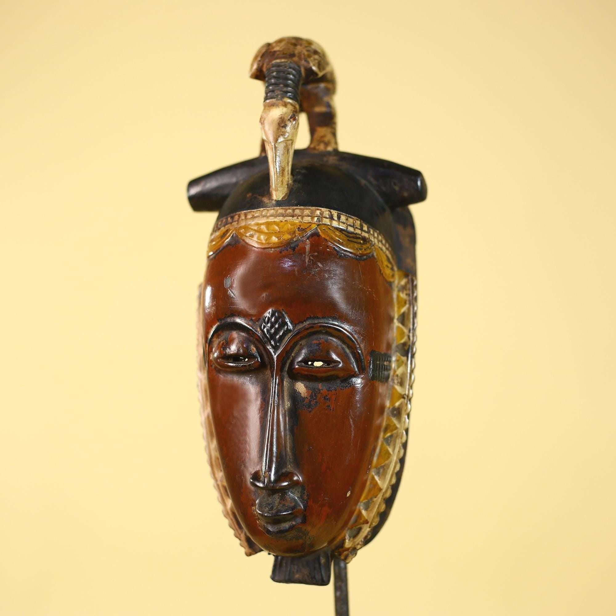 African Wooden Baule Mask with Horned Headdress – Hand Carved Tribal Art-G6150