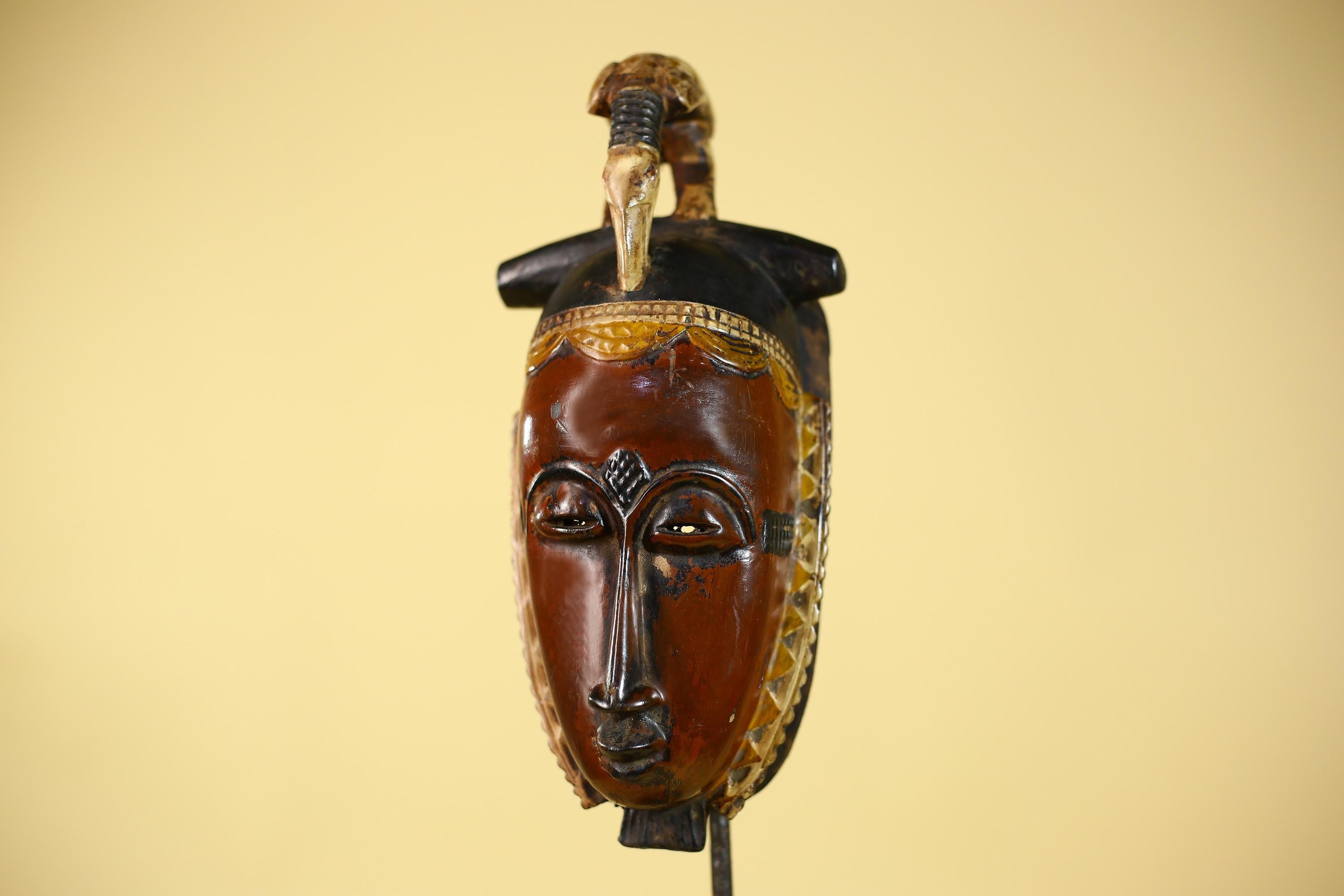 African Wooden Baule Mask with Horned Headdress – Hand Carved Tribal Art-G6150