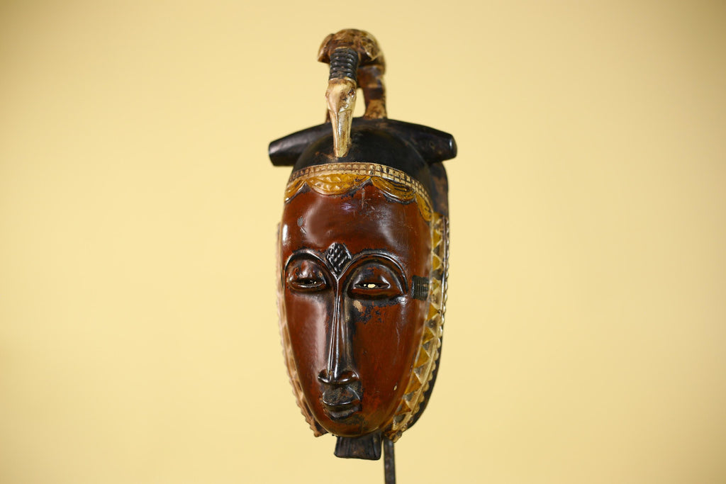 African Wooden Baule Mask with Horned Headdress – Hand Carved Tribal Art-G6150
