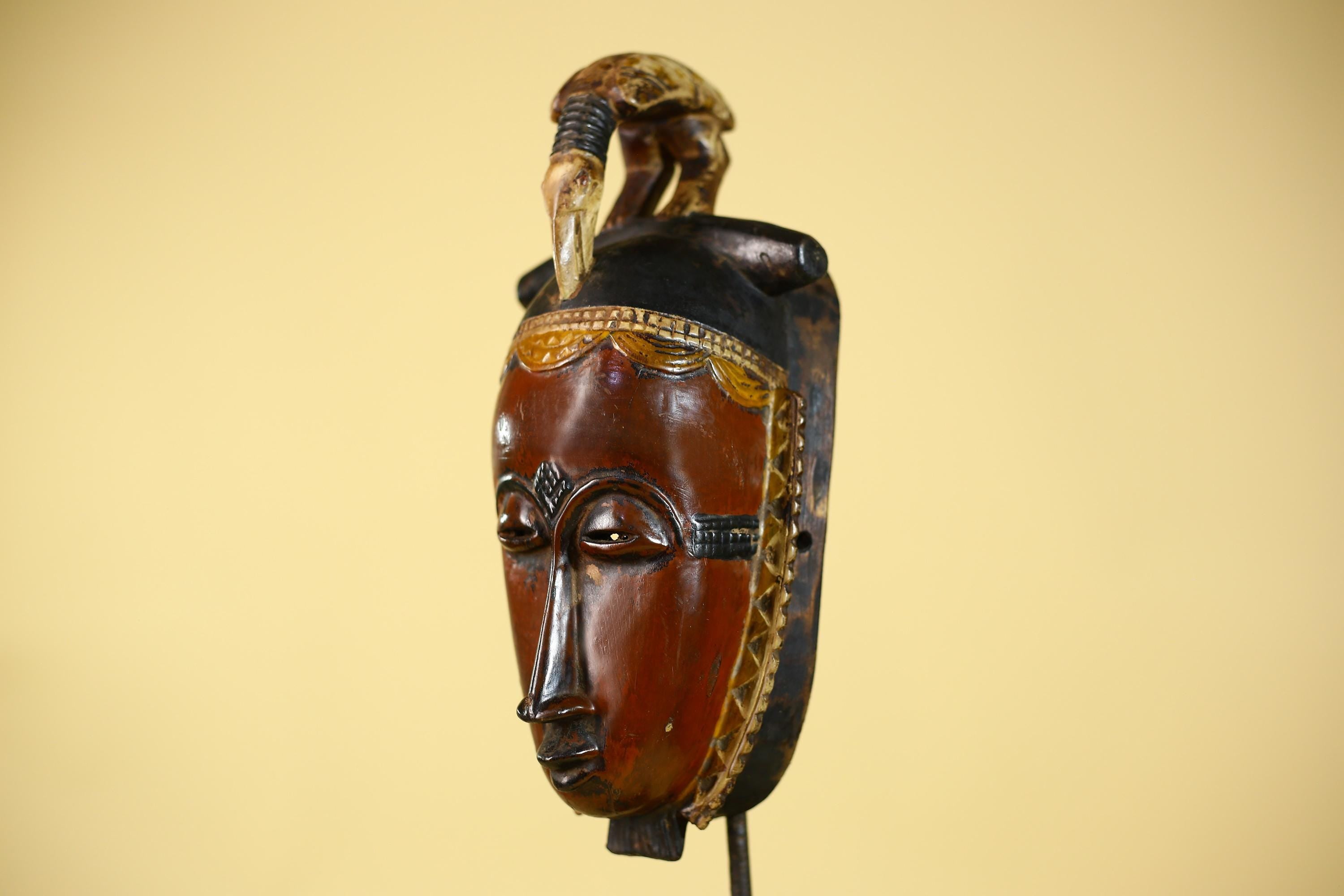 African Wooden Baule Mask with Horned Headdress – Hand Carved Tribal Art-G6150