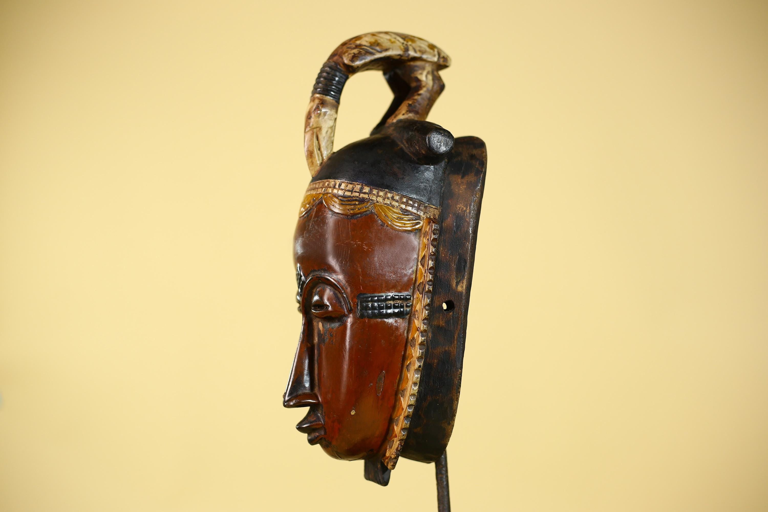 African Wooden Baule Mask with Horned Headdress – Hand Carved Tribal Art-G6150