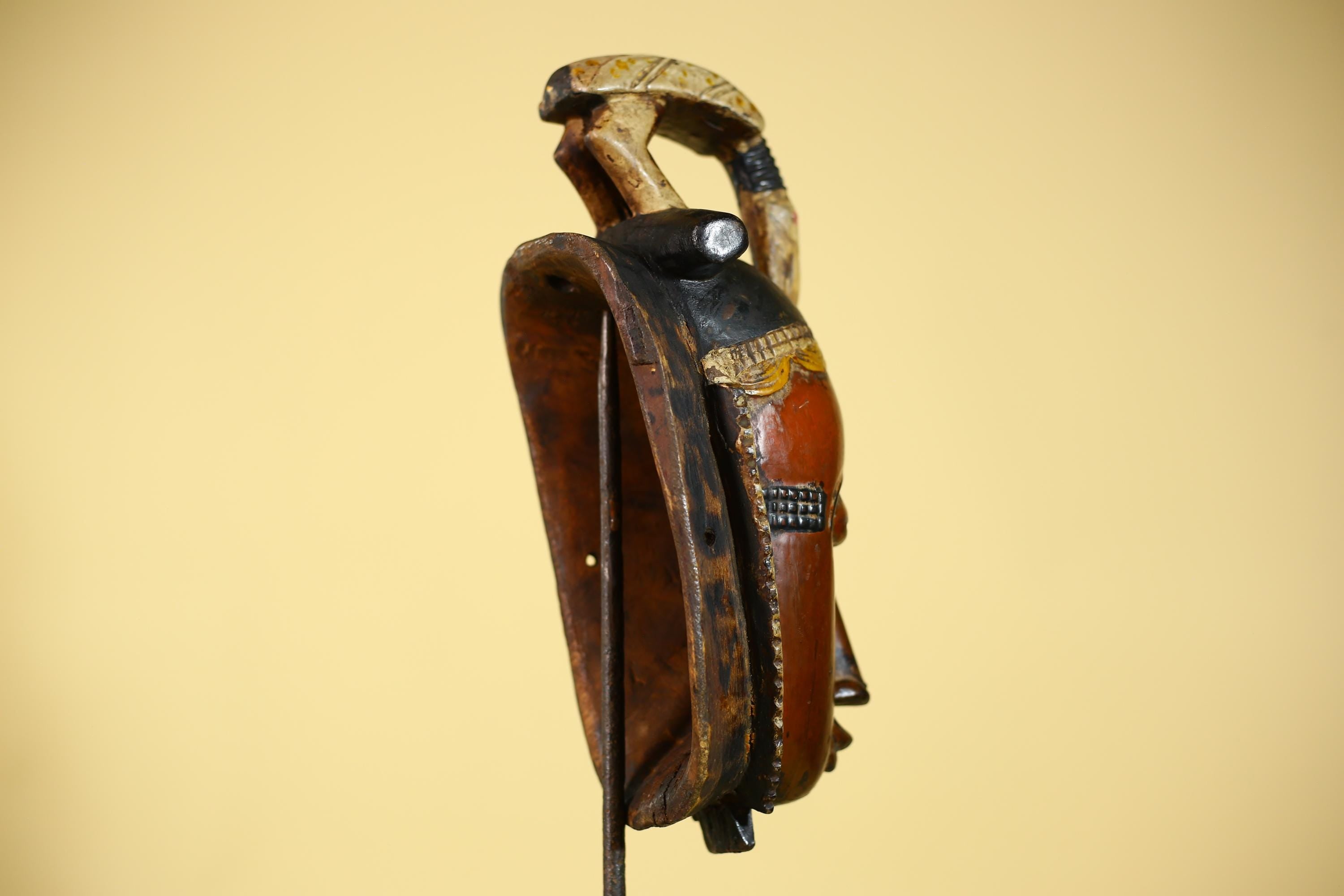 African Wooden Baule Mask with Horned Headdress – Hand Carved Tribal Art-G6150