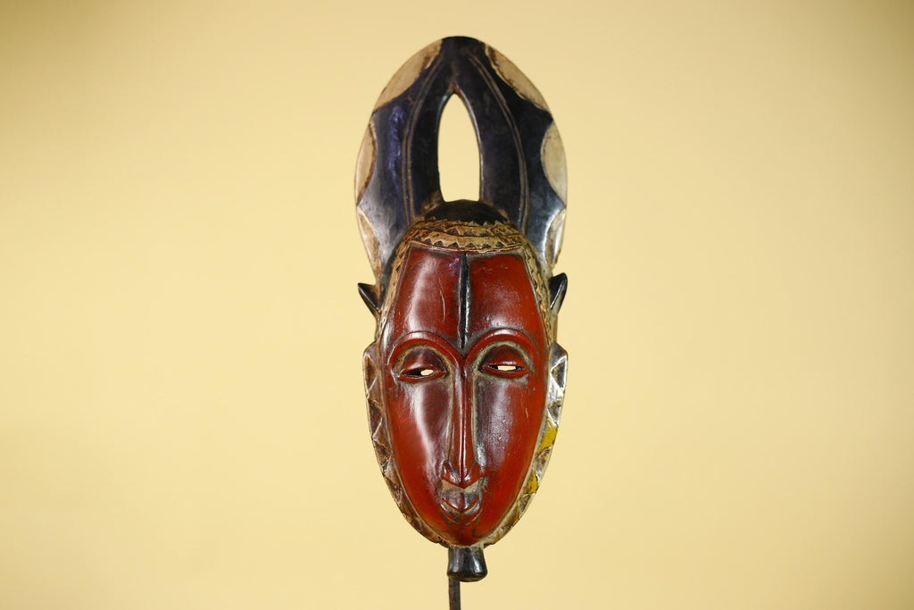African Wooden Guro Mask with Elongated Face and Carved Tribal Headdress-G6151