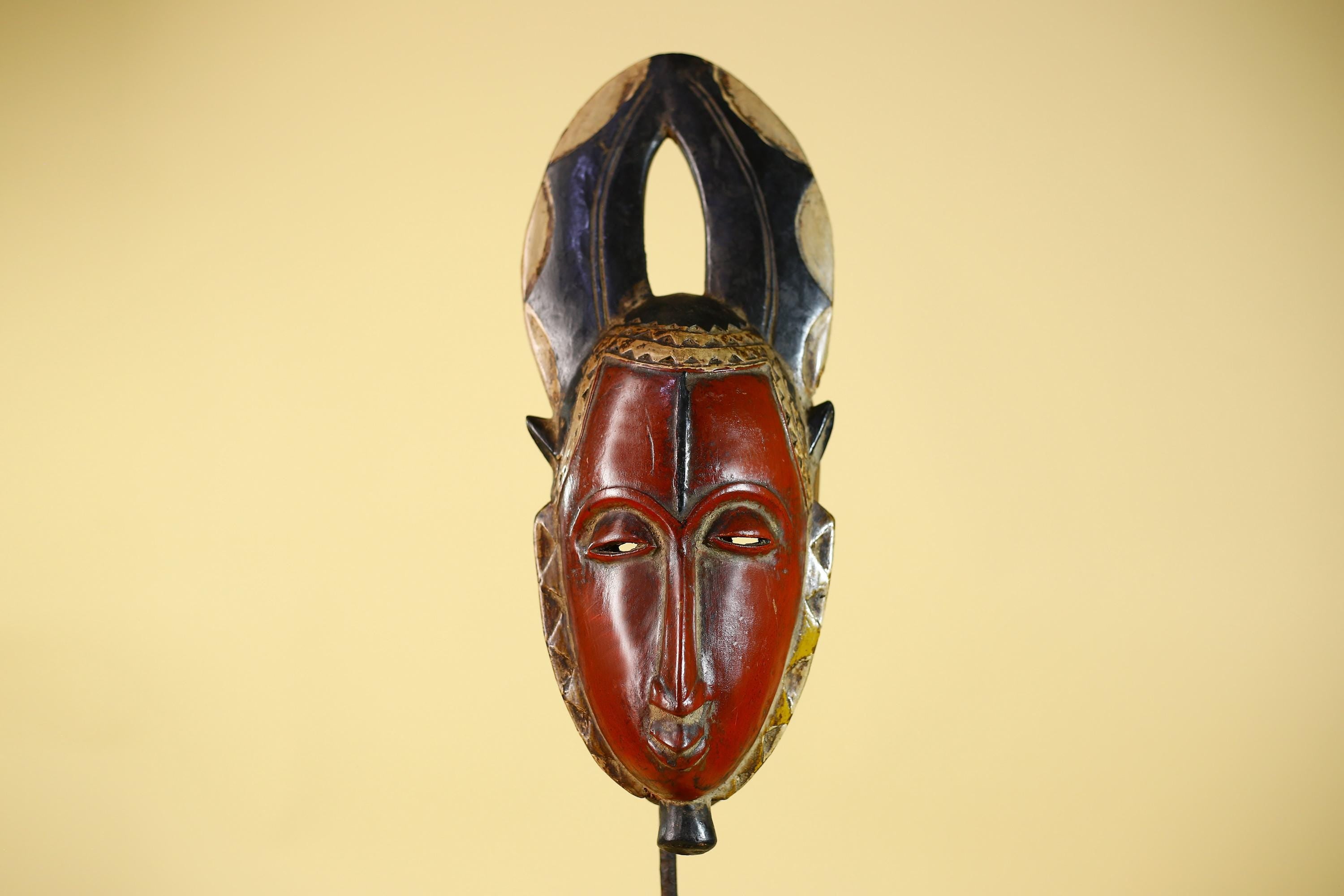 African Wooden Guro Mask with Elongated Face and Carved Tribal Headdress-G6151