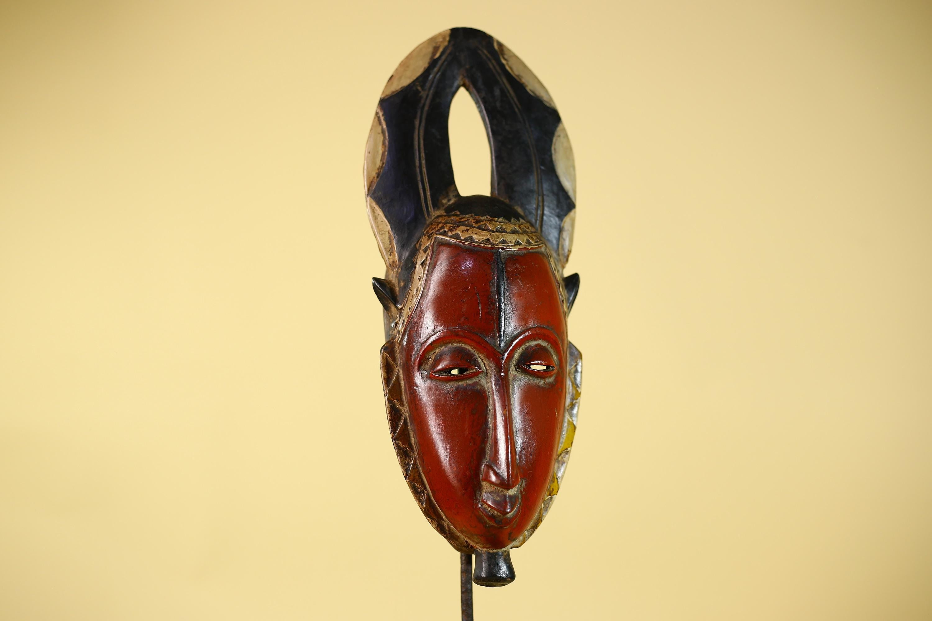 African Wooden Guro Mask with Elongated Face and Carved Tribal Headdress-G6151