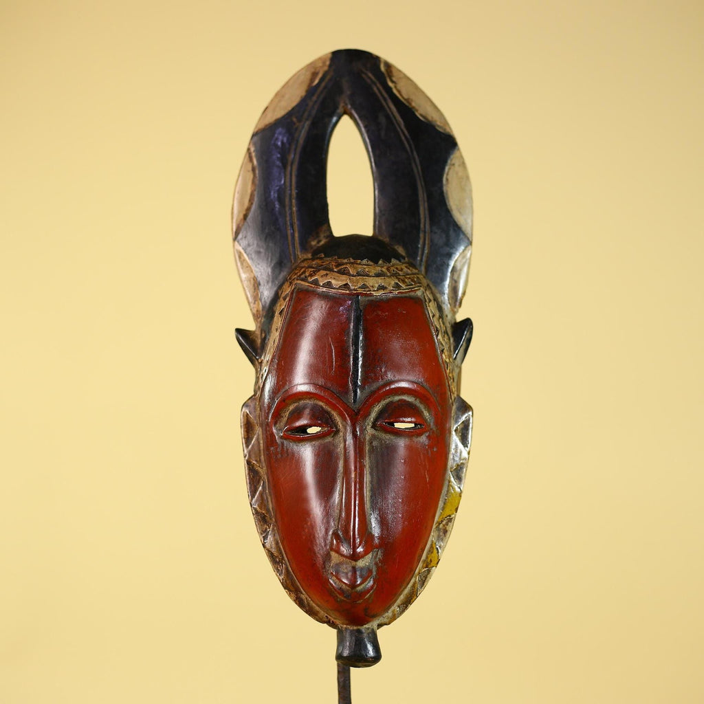African Wooden Guro Mask with Elongated Face and Carved Tribal Headdress-G6151