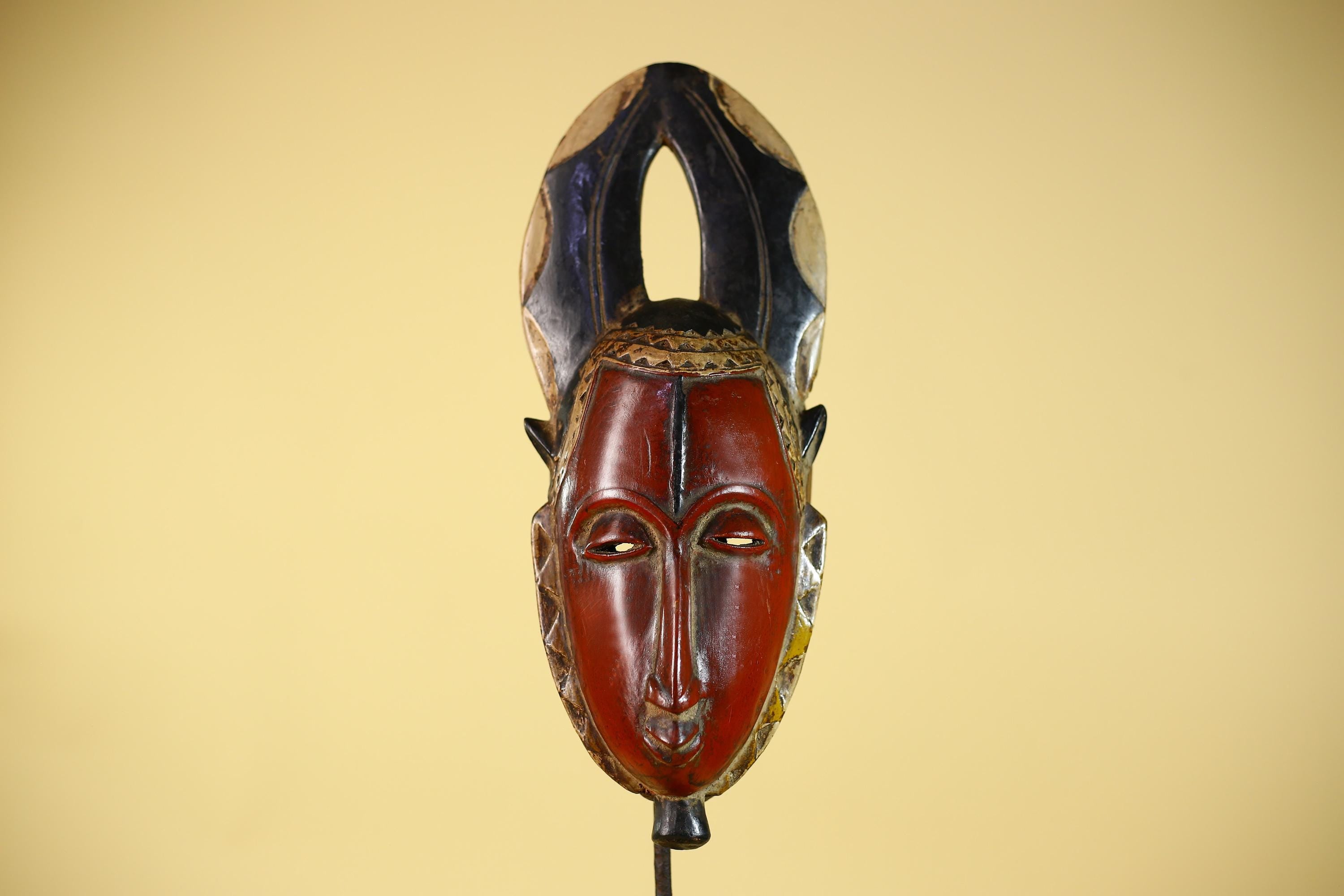 African Wooden Guro Mask with Elongated Face and Carved Tribal Headdress-G6151