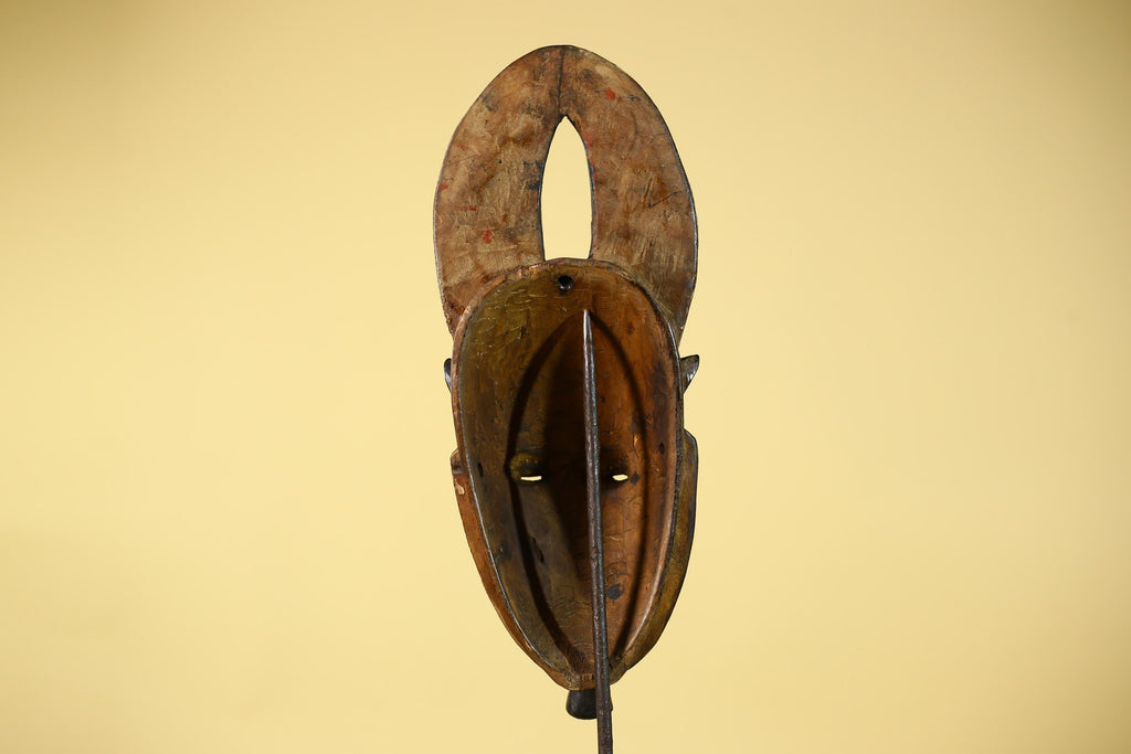 African Wooden Guro Mask with Elongated Face and Carved Tribal Headdress-G6151