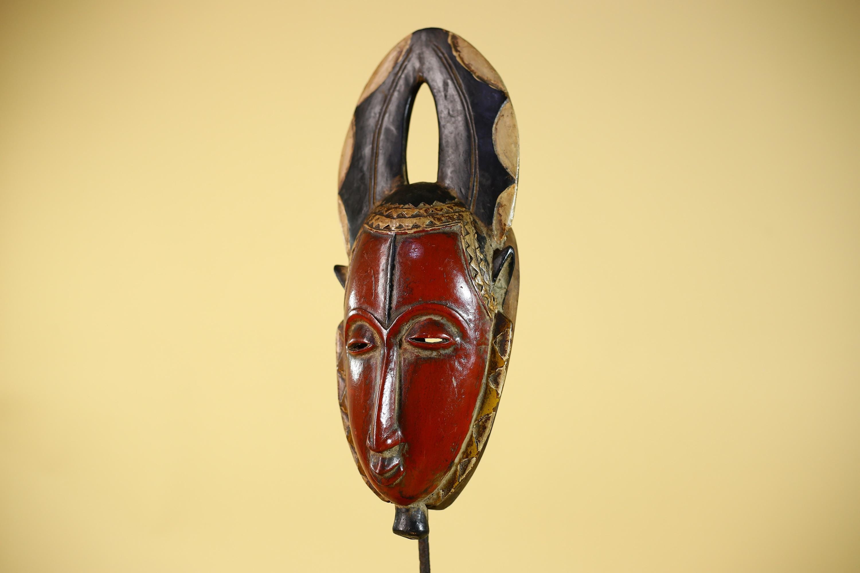 African Wooden Guro Mask with Elongated Face and Carved Tribal Headdress-G6151