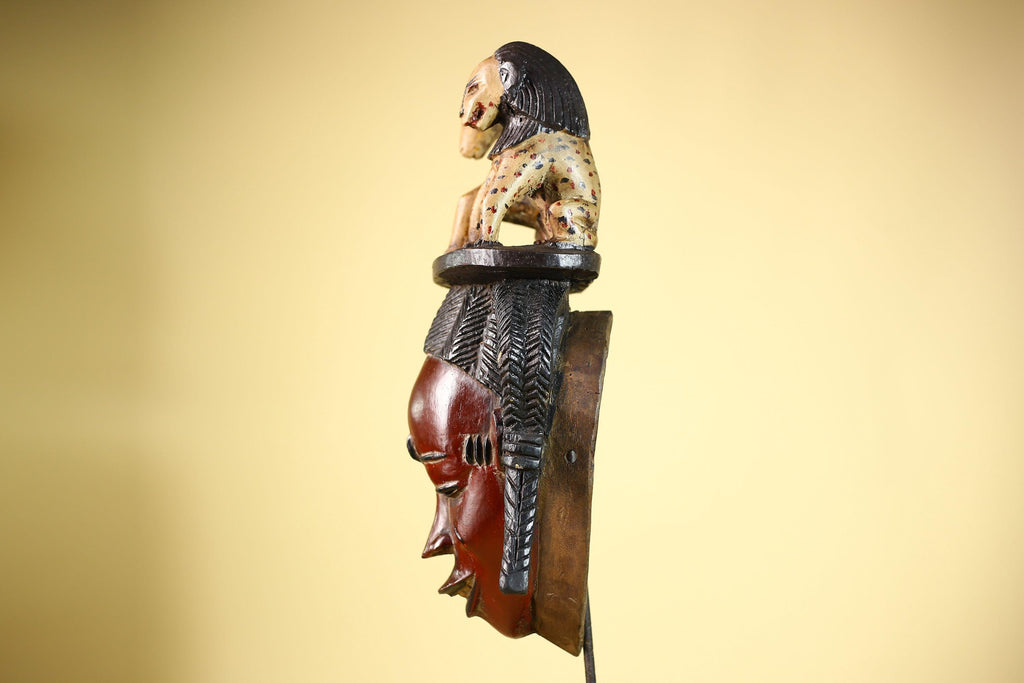 African Vintage Guro Mask with Two Animal Figures Hand Carved Tribal Art-G6046