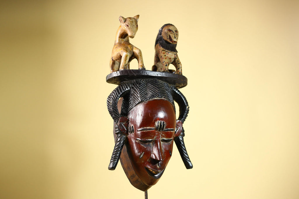 African Vintage Guro Mask with Two Animal Figures Hand Carved Tribal Art-G6046