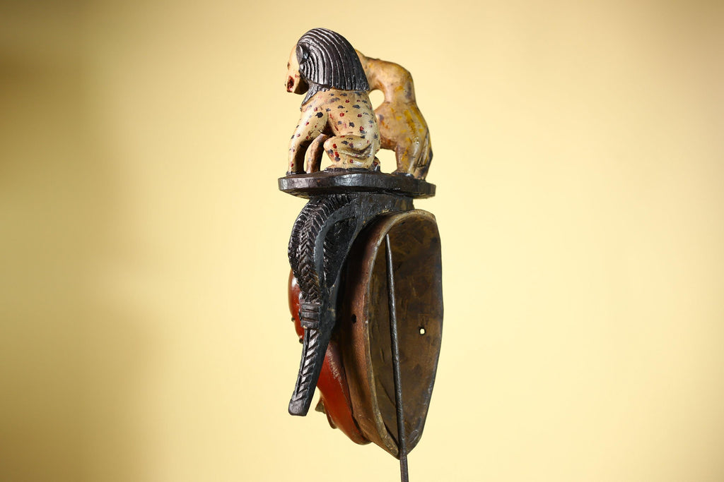 African Vintage Guro Mask with Two Animal Figures Hand Carved Tribal Art-G6046