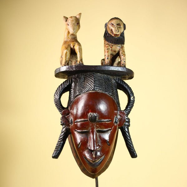 African Vintage Guro Mask with Two Animal Figures Hand Carved Tribal Art-G6046